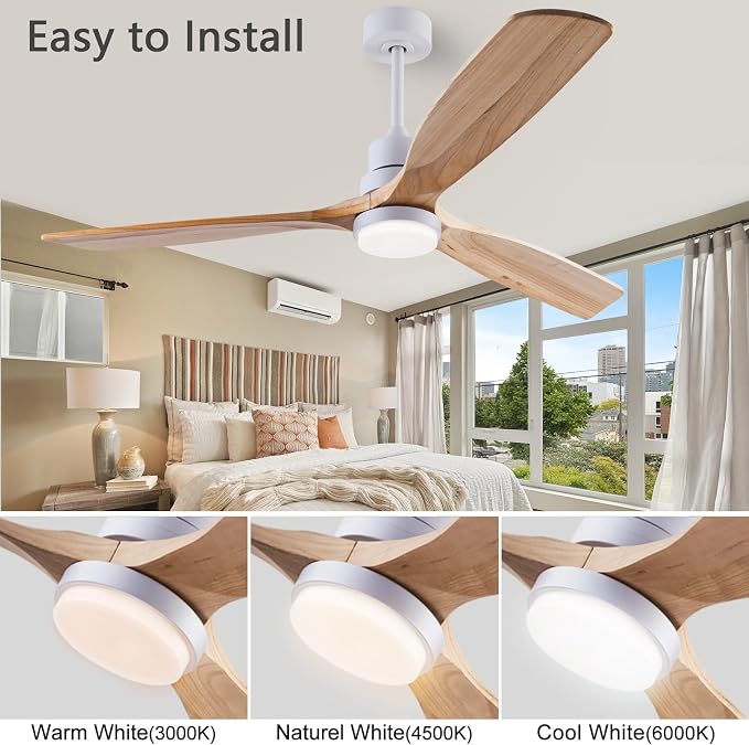 56" Wood Ceiling Fan with Light and Remote Control, Indoor Outdoor Wooden 3 Blades Ceiling Fan for Patio Living Room