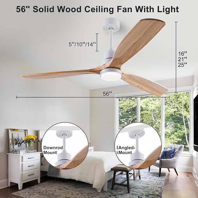 56" Wood Ceiling Fan with Light and Remote Control, Indoor Outdoor Wooden 3 Blades Ceiling Fan for Patio Living Room