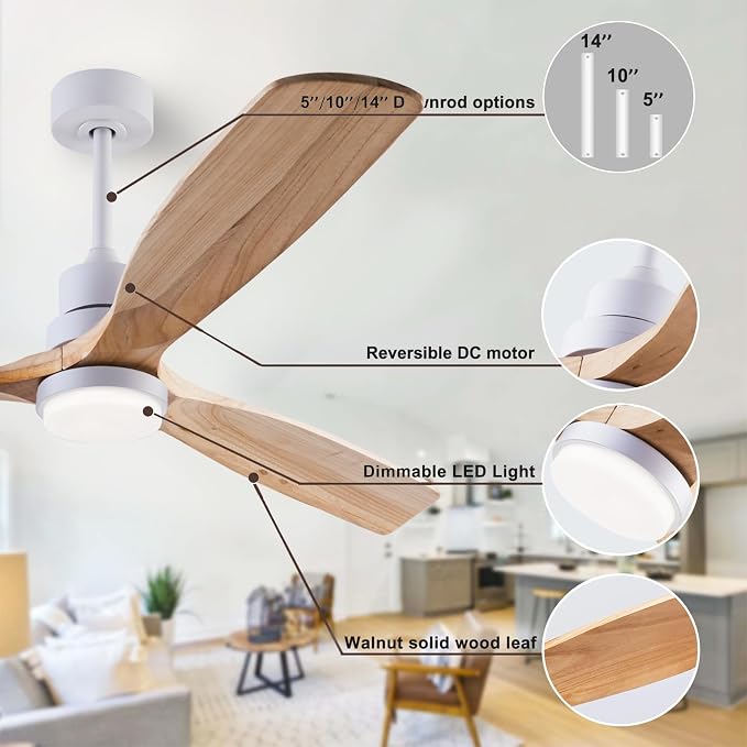 56" Wood Ceiling Fan with Light and Remote Control, Indoor Outdoor Wooden 3 Blades Ceiling Fan for Patio Living Room