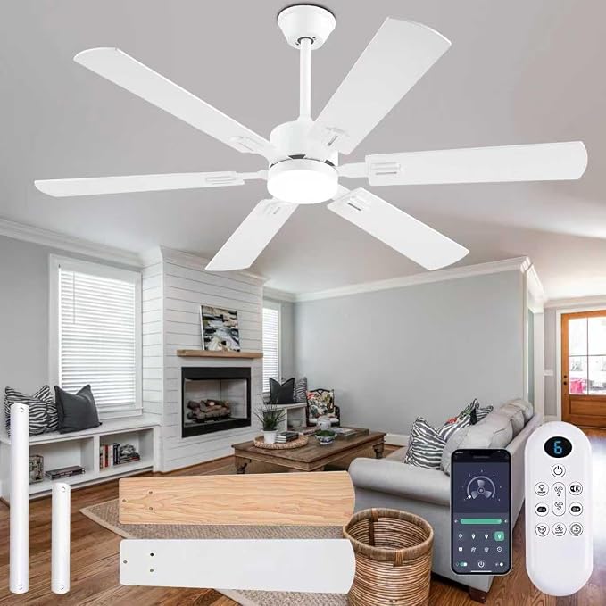 56inch Modern White Ceiling Fans with Lights and Remote/App Control, Dimmable LED, Reversible DC Motor, Noiseless, 6