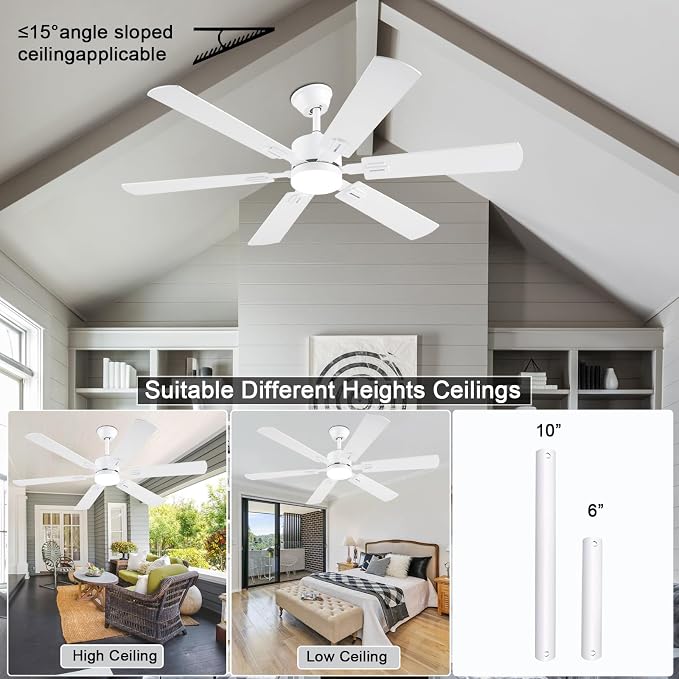 56inch Modern White Ceiling Fans with Lights and Remote/App Control, Dimmable LED, Reversible DC Motor, Noiseless, 6
