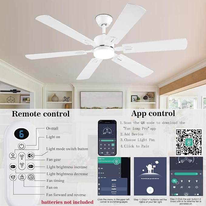 56inch Modern White Ceiling Fans with Lights and Remote/App Control, Dimmable LED, Reversible DC Motor, Noiseless, 6