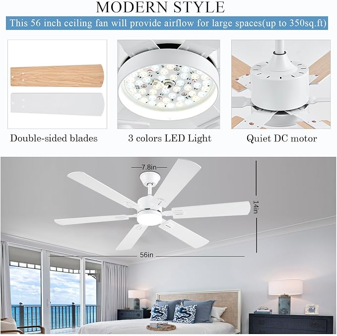 56inch Modern White Ceiling Fans with Lights and Remote/App Control, Dimmable LED, Reversible DC Motor, Noiseless, 6