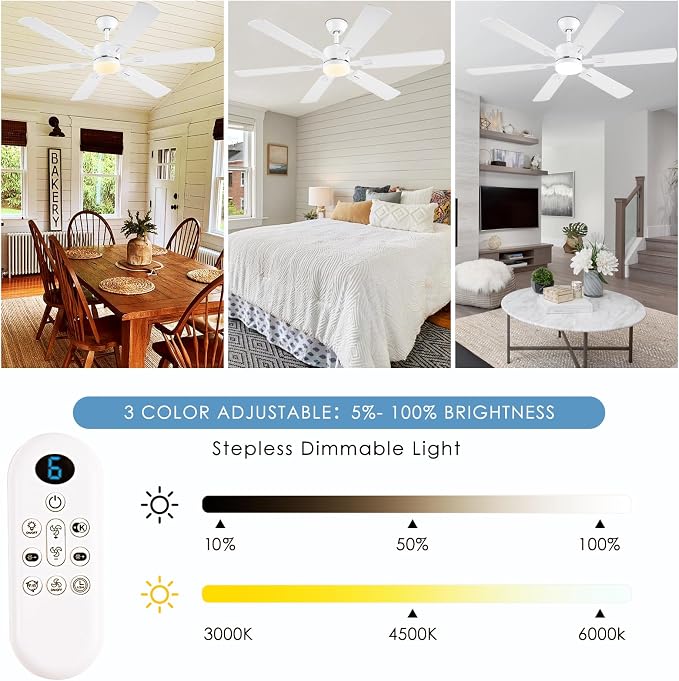 56inch Modern White Ceiling Fans with Lights and Remote/App Control, Dimmable LED, Reversible DC Motor, Noiseless, 6
