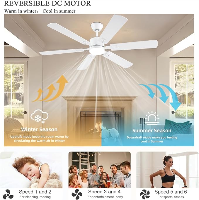 56inch Modern White Ceiling Fans with Lights and Remote/App Control, Dimmable LED, Reversible DC Motor, Noiseless, 6