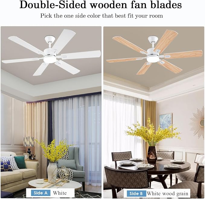 56inch Modern White Ceiling Fans with Lights and Remote/App Control, Dimmable LED, Reversible DC Motor, Noiseless, 6