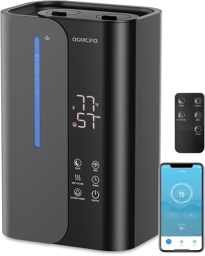 5L Smart Air Humidifiers for Bedroom with Essential Oils, Top Fill 50H Runtime Cool Mist Large Humidifiers for Home Bedroom