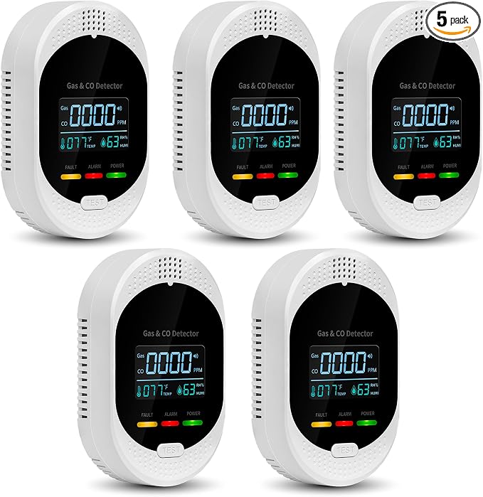 5PCS 4-in-1 Carbon Monoxide & Natural Gas Detectors with Temperature/Humidity LCD Display, Plug in Co Leak Detector Propane