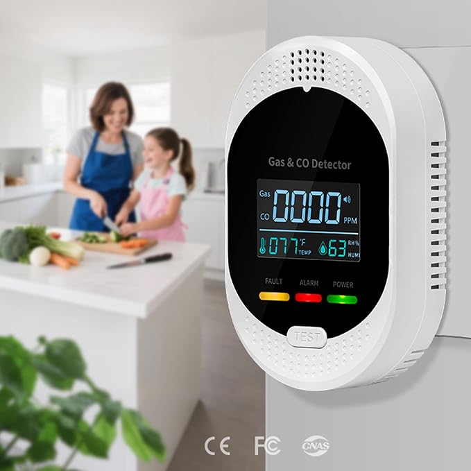 5PCS 4-in-1 Carbon Monoxide & Natural Gas Detectors with Temperature/Humidity LCD Display, Plug in Co Leak Detector Propane