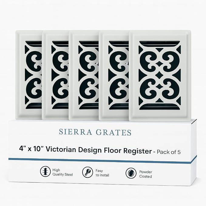 5Pcs, 4" x 10" Victorian Design Steel Floor Register in Glacier White Finish for Floor l- Decorative Air Vent Covers- Floor