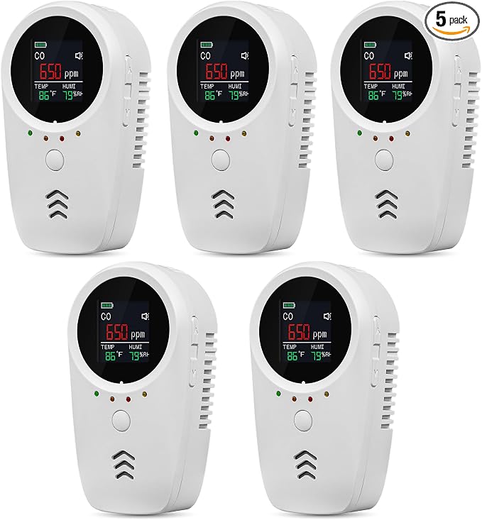 5PCS 5-in-1 Rechargeable Carbon Monoxide & Natural Gas Detectors with Temperature/Humidity LCD Display & 2000mAh Lithium-ion
