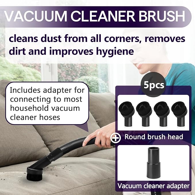 5PCS Fiber Brush Vacuum Attachment Set - Black Round Vacuum Attachments & Brushes - Brush Attachment for Most Vacuum