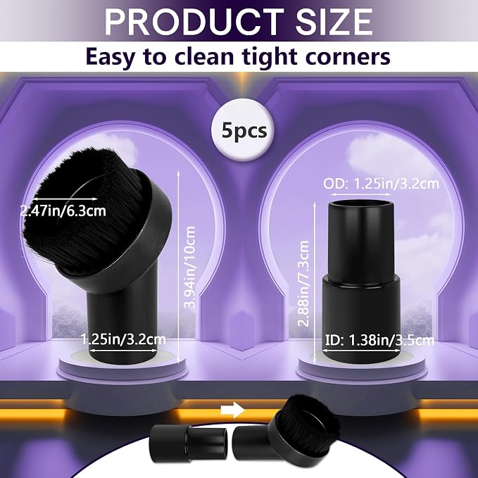5PCS Fiber Brush Vacuum Attachment Set - Black Round Vacuum Attachments & Brushes - Brush Attachment for Most Vacuum