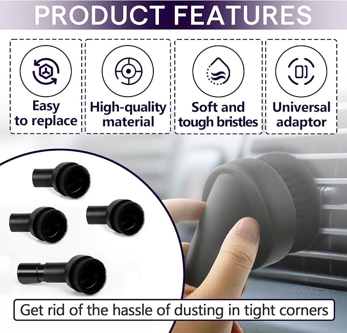 5PCS Fiber Brush Vacuum Attachment Set - Black Round Vacuum Attachments & Brushes - Brush Attachment for Most Vacuum
