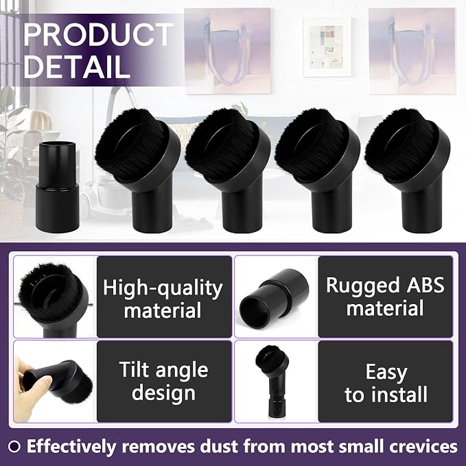 5PCS Fiber Brush Vacuum Attachment Set - Black Round Vacuum Attachments & Brushes - Brush Attachment for Most Vacuum