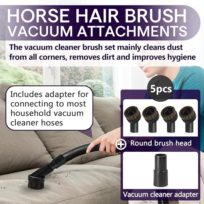 5PCS Horse Hair Brush Vacuum Attachment Set - Black Round Horse Hair Vacuum Attachments & Brushes - Brush Attachment