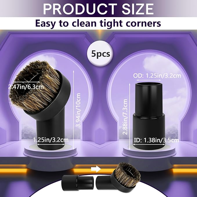 5PCS Horse Hair Brush Vacuum Attachment Set - Black Round Horse Hair Vacuum Attachments & Brushes - Brush Attachment