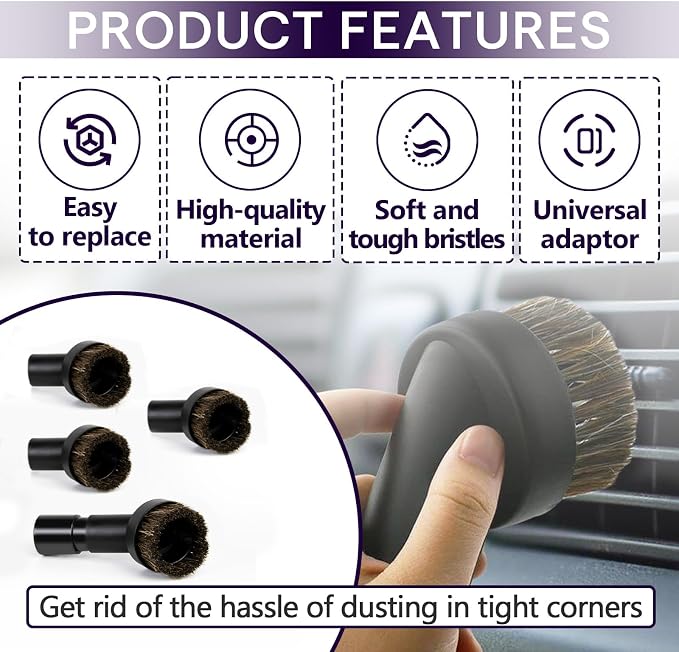 5PCS Horse Hair Brush Vacuum Attachment Set - Black Round Horse Hair Vacuum Attachments & Brushes - Brush Attachment