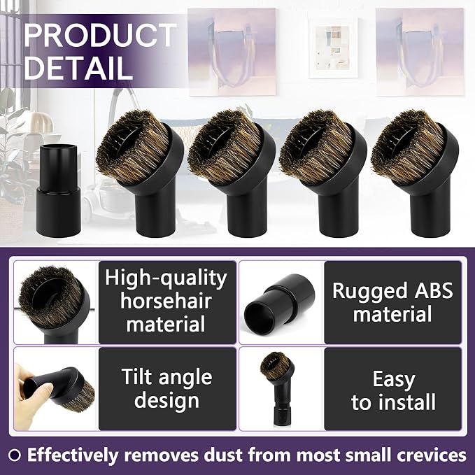 5PCS Horse Hair Brush Vacuum Attachment Set - Black Round Horse Hair Vacuum Attachments & Brushes - Brush Attachment