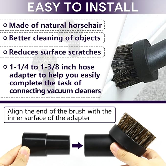 5PCS Horse Hair Brush Vacuum Attachment Set - Black Round Horse Hair Vacuum Attachments & Brushes - Brush Attachment
