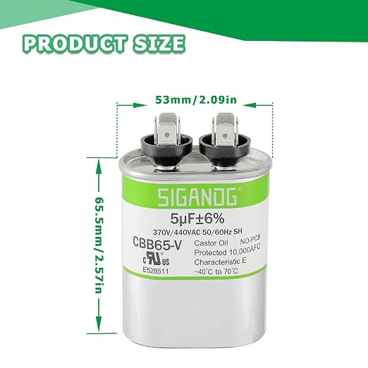 5uF 5 MFD 370V or 450V CBB65 Run Start Capacitor 5 uF 370 450 Volt VAC for Condenser Straight Cool or Heat Pump, alternate