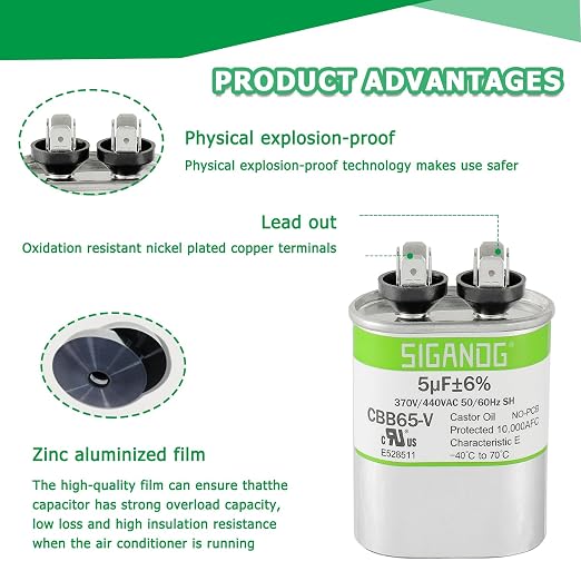 5uF 5 MFD 370V or 450V CBB65 Run Start Capacitor 5 uF 370 450 Volt VAC for Condenser Straight Cool or Heat Pump, alternate
