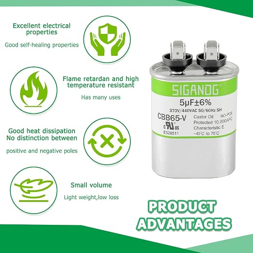5uF 5 MFD 370V or 450V CBB65 Run Start Capacitor 5 uF 370 450 Volt VAC for Condenser Straight Cool or Heat Pump, alternate
