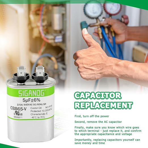 5uF 5 MFD 370V or 450V CBB65 Run Start Capacitor 5 uF 370 450 Volt VAC for Condenser Straight Cool or Heat Pump, alternate