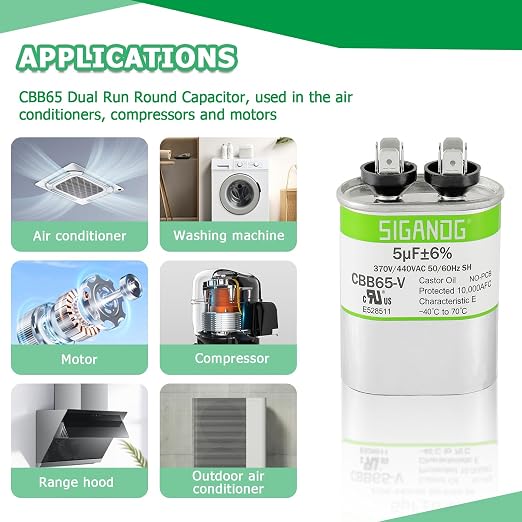 5uF 5 MFD 370V or 450V CBB65 Run Start Capacitor 5 uF 370 450 Volt VAC for Condenser Straight Cool or Heat Pump, alternate