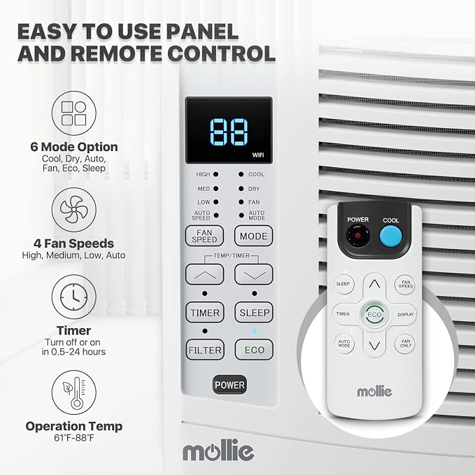 6,000 BTU Smart Window Air Conditioner with Wi-Fi Connected, Window AC Unit Cools up to 250 Sq.Ft., Remote/App Control, with