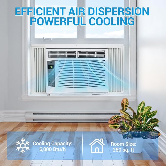 6,000 Btu Window Air Conditioner, Cools Up to 250 Sq. Ft with Cooling, Dehumidifier, 3 Fan Speed, Window-Mounted Room Ac