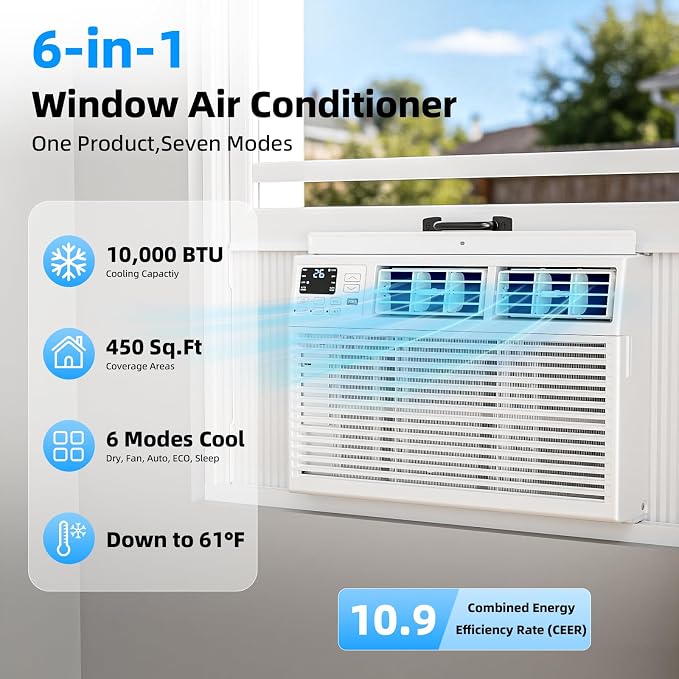 6,000 BTU Window Air Conditioner, Window AC Unit, Cools Rooms up to 250 Sq.Ft., 6 in 1 Modes Air Conditioner Window Unit with