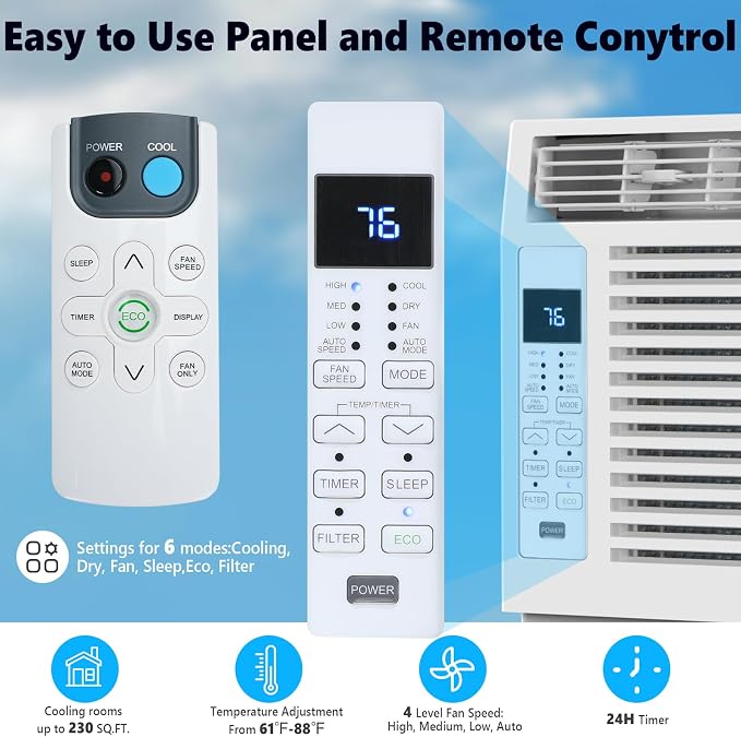 6,000 BTU Window Air Conditioner, Window AC Unit with Cooling, Dry Function, 4 Fan Speeds, 24H Timer & Sleep Mode, alternate