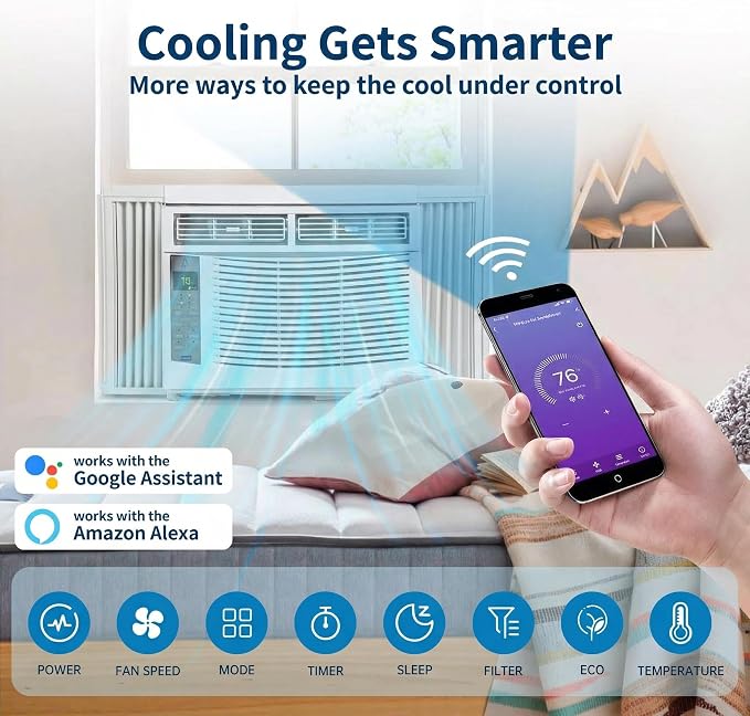 6,000 BTU Window Air Conditioner with Smart App & Remote, 3-in-1 Cooling, Cools Up to 300 Sq.Ft, Energy Efficient, 3 Fan