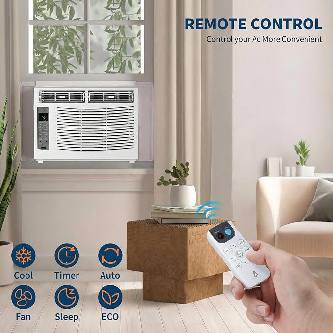 6,000 BTU Window Air Conditioner with Smart App & Remote, 3-in-1 Cooling, Cools Up to 300 Sq.Ft, Energy Efficient, 3 Fan