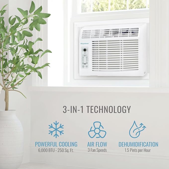 6,000 BTU Window Mounted Air Conditioner & Dehumidifier, 115V, Air Conditioner for Rooms up to 250 Sq.Ft. with Smart Remote