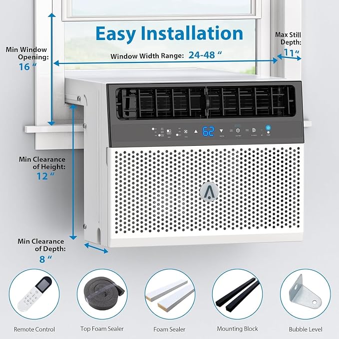 6,000 BTUs Window Air Conditioner, U-Shaped Adjustable Depth, Window AC Unit with Washable Filter, Remote Control, Ultra