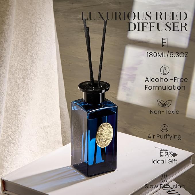 6.3 oz Large Reed Diffuser Set | Ocean Escape Scent Oil Diffuser with Sticks | Hotel Collection made from natural materials
