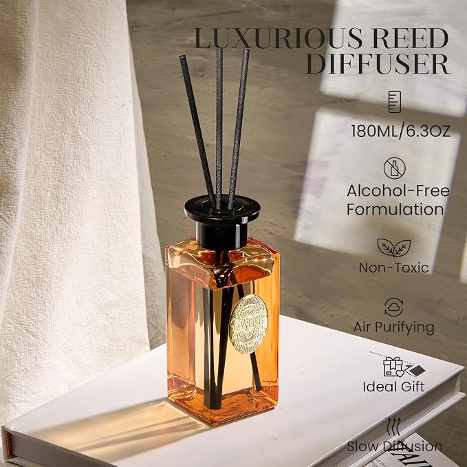 6.3 oz Large Reed Diffuser Set | Pumpkin Apple Pie Scent Oil Diffuser with Sticks | Hotel Collection made from natural
