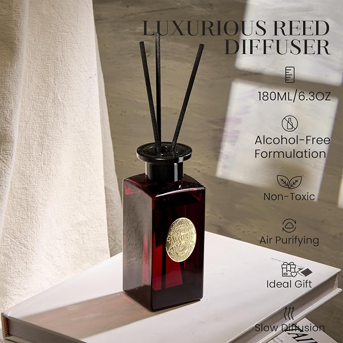 6.3 oz Large Reed Diffuser Set | Red Camelia Scent Home Oil Diffuser with Sticks | Hotel Collection made from natural