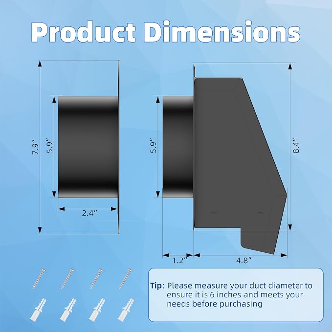 6" Dryer Vent Cover Outside with Screen, Hooded Wall Vent with Flange for Exterior Wall, Galvanized Steel, alternate view 8