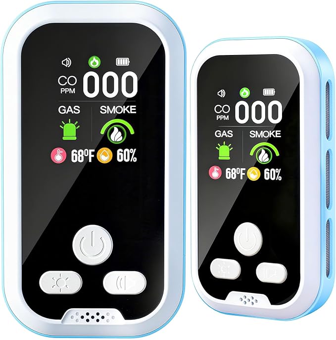 6-in-1 Carbon Monoxide Detector 2 Pack Combo with LCD Display, Detects CO, Natural Gas, Smoke, Temperature, Humidity for