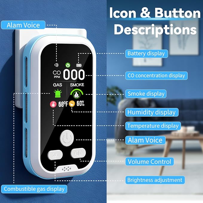 6-in-1 Carbon Monoxide Detector 2 Pack Combo with LCD Display, Detects CO, Natural Gas, Smoke, Temperature, Humidity for