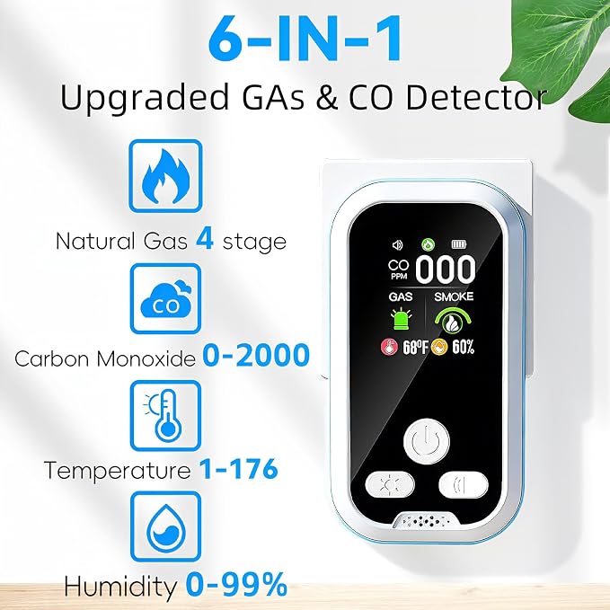6-in-1 Carbon Monoxide Detector 2 Pack Combo with LCD Display, Detects CO, Natural Gas, Smoke, Temperature, Humidity for