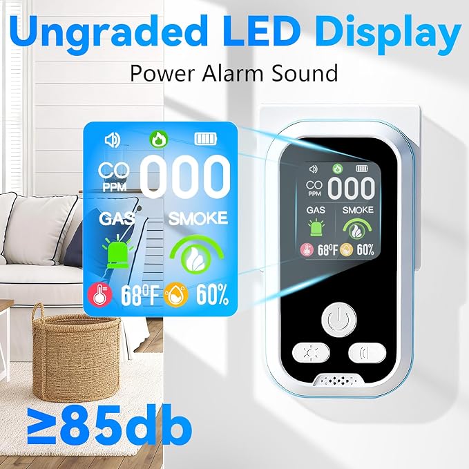 6-in-1 Carbon Monoxide Detector 2 Pack Combo with LCD Display, Detects CO, Natural Gas, Smoke, Temperature, Humidity for