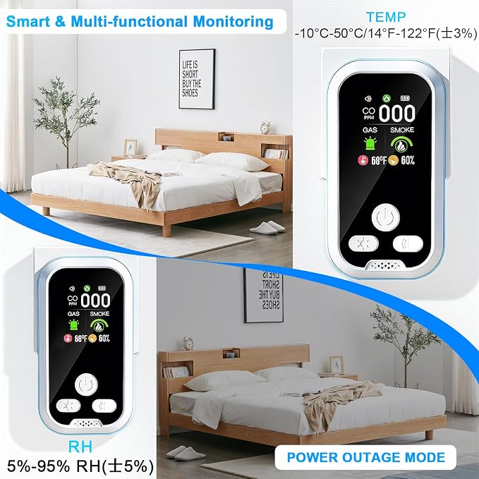 6-in-1 Carbon Monoxide Detector 2 Pack Combo with LCD Display, Detects CO, Natural Gas, Smoke, Temperature, Humidity for