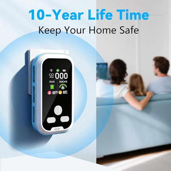 6-in-1 Carbon Monoxide Detector 2 Pack Combo with LCD Display, Detects CO, Natural Gas, Smoke, Temperature, Humidity for