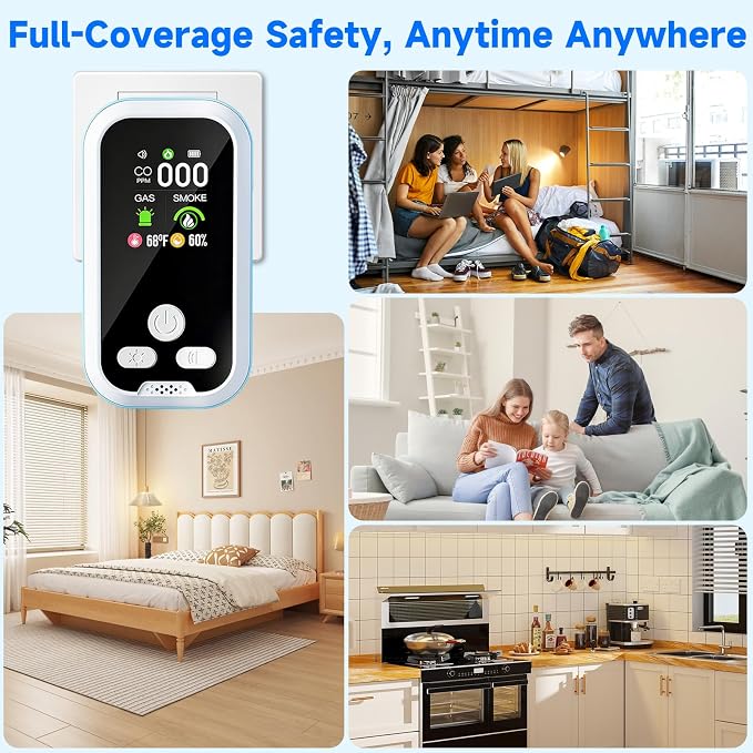 6-in-1 Carbon Monoxide Detector 2 Pack Combo with LCD Display, Detects CO, Natural Gas, Smoke, Temperature, Humidity for