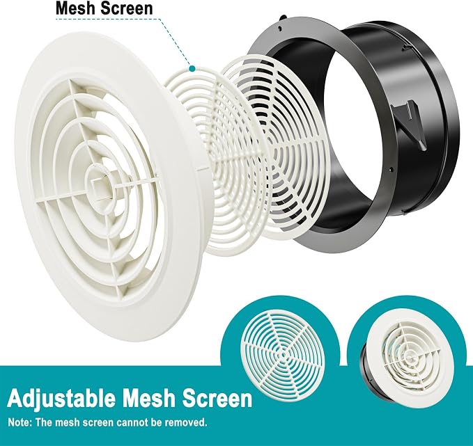 6 Inch Air Vent Cover, 2-Pack Adjustable ABS Louver Grille Cover, Round Exhaust Vent Fit for Bathroom Office Kitchen