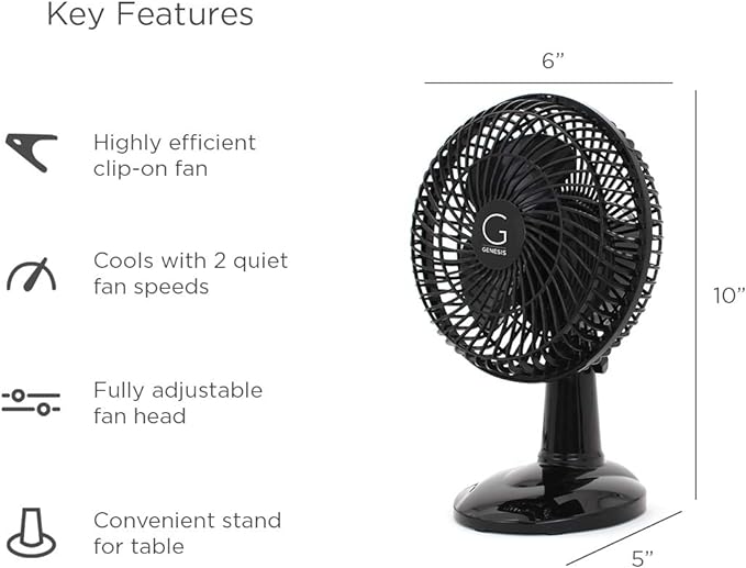 6-Inch Clip Convertible Table-Top & Clip Fan Two Quiet Speeds - Ideal For The Home, Office, Dorm, More Black (A1CLIPFANBLACK